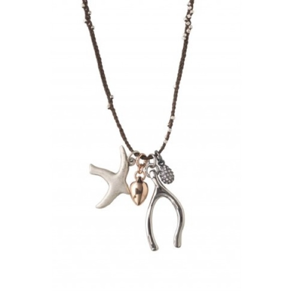 Stella & Dot Tranquility Necklace Peace Luck Charms Waxed Cord Long 30”